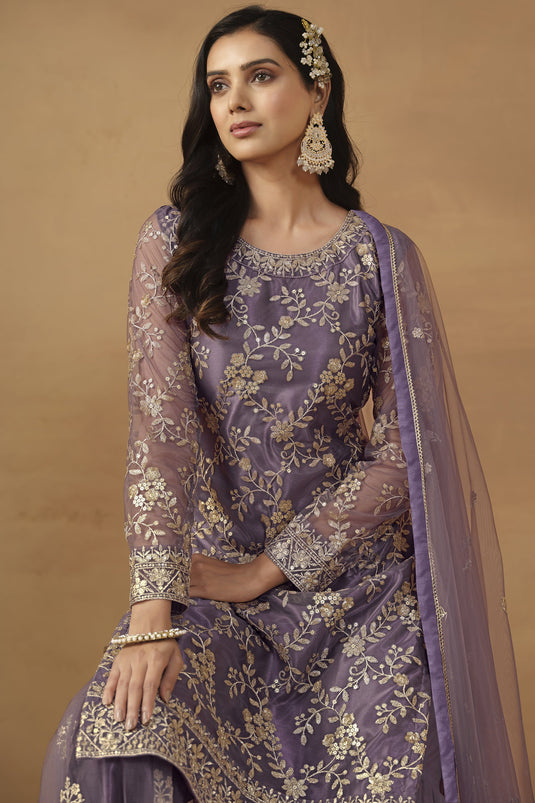 Net Fabric Purple Color Excellent Embroidered Palazzo Suit