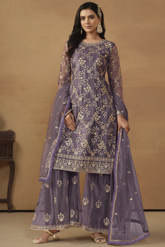 Net Fabric Purple Color Excellent Embroidered Palazzo Suit