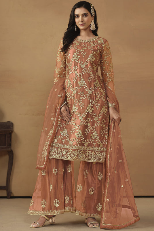 Peach Color Glittering Net Fabric Embroidered Palazzo Suit
