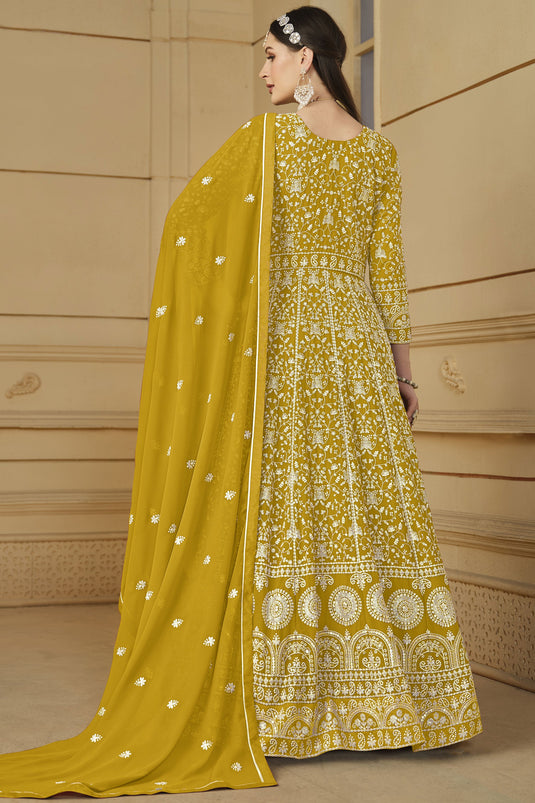 Function Wear Embroidered Georgette Fabric Anarkali Salwar Kameez In Yellow Color