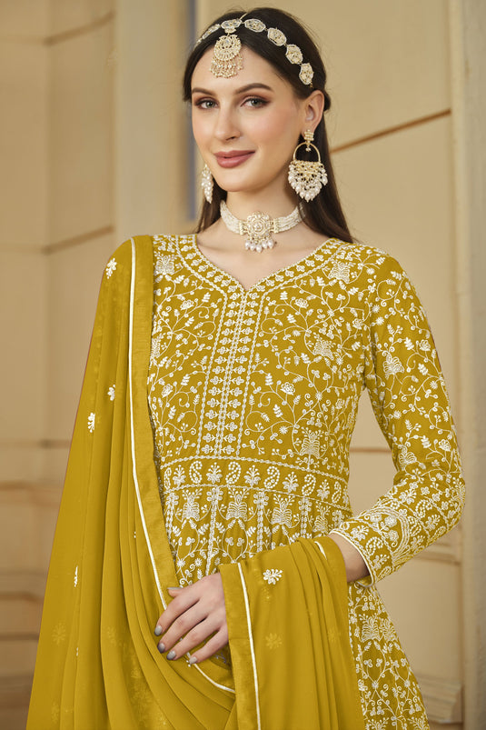 Function Wear Embroidered Georgette Fabric Anarkali Salwar Kameez In Yellow Color