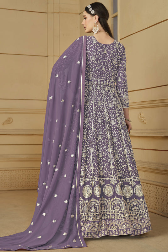 Georgette Fabric Embroidered Function Wear Anarkali Salwar Suit In Lavender Color