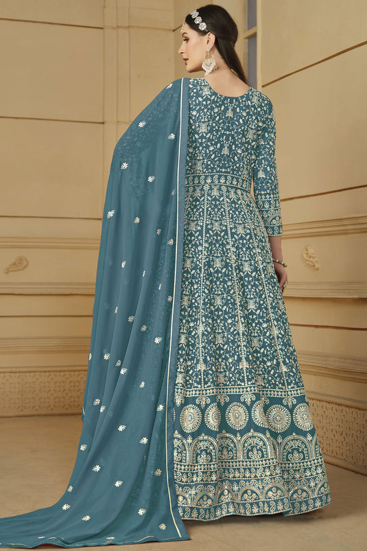 Function Wear Teal Color Embroidered Anarkali Suit In Georgette Fabric