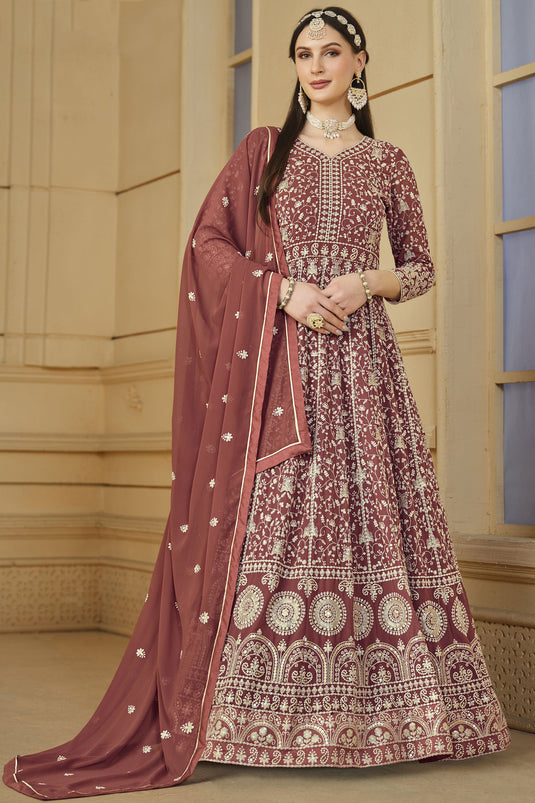 Embroidered Function Wear Anarkali Dress In Georgette Fabric Rust Color
