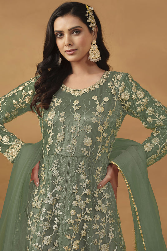 Net Fabric Function Wear Sea Green Color Phenomenal Anarkali Suit