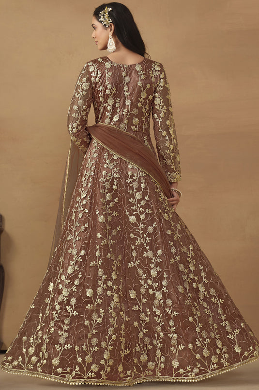 Net Fabric Function Wear Wondrous Anarkali Suit In Brown Color