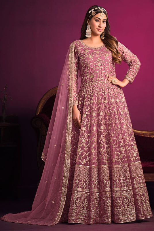 Elegant Pink Color Net Anarkali Suit with Sparkling Sequins Work For Sangeet