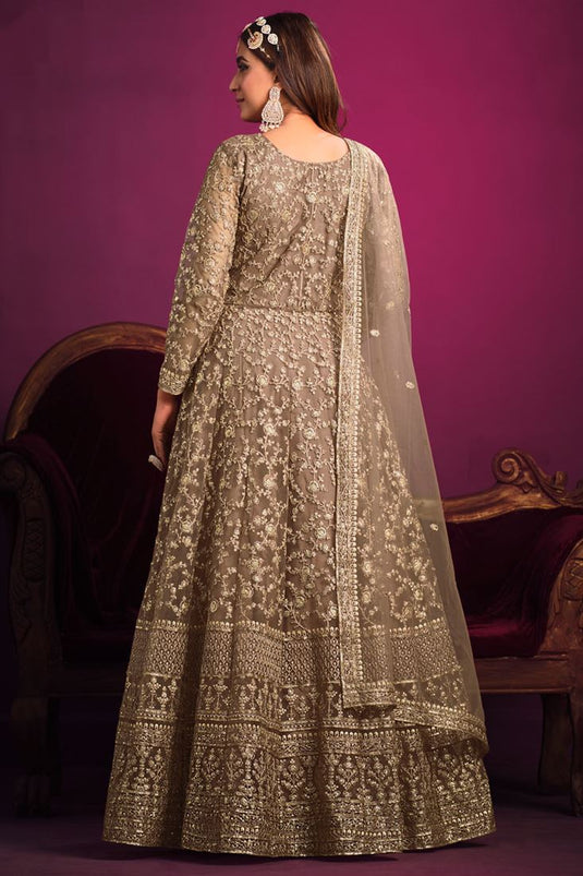 Gorgeous Sequins Embellished Anarkali Suit For Sangeet In Beige Color