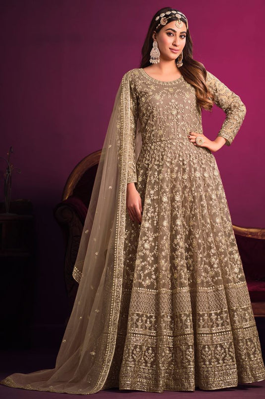 Gorgeous Sequins Embellished Anarkali Suit For Sangeet In Beige Color