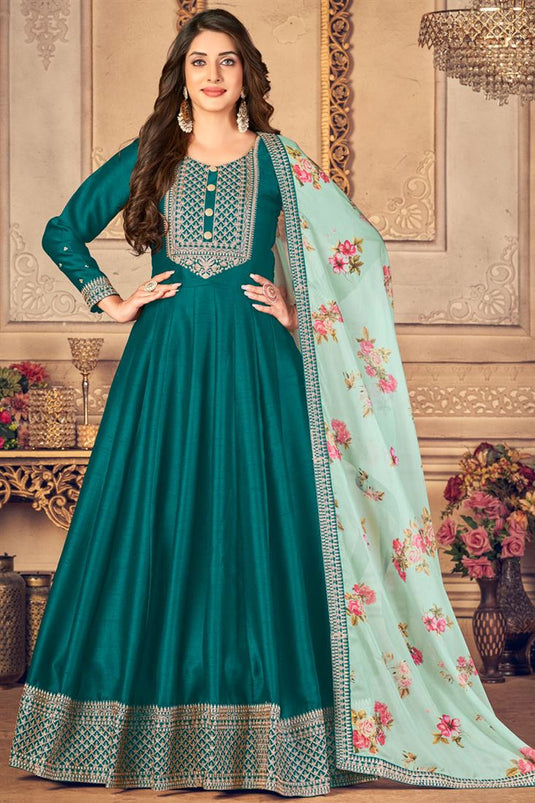 Art Silk Fabric Festival Look Teal Color Fashionable Anarkali Suit