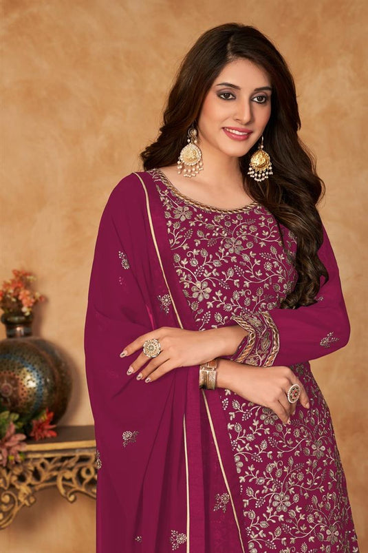 Georgette Fabric Sangeet Wear Wonderful Sharara Suit In Rani Color