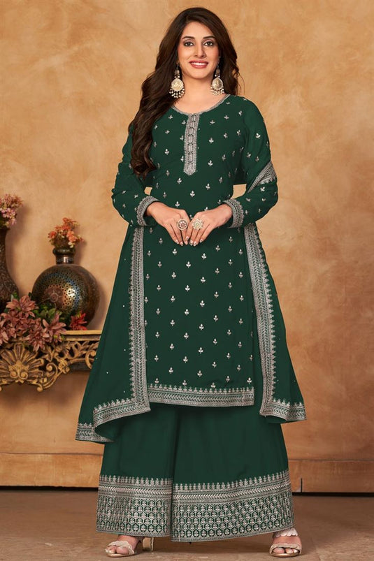Captivating Function Wear Georgette Fabric Palazzo Suit In Dark Green Color