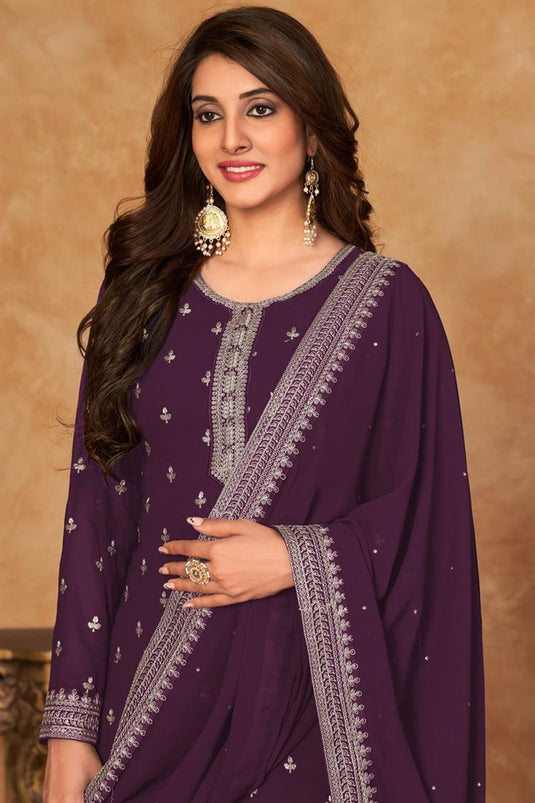 Function Wear Awesome Georgette Fabric Palazzo Suit In Purple Color