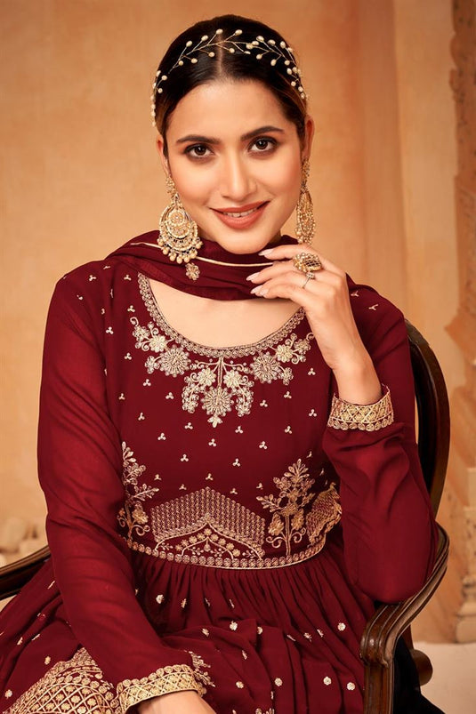 Maroon Color Aristocratic Georgette Fabric Sangeet Wear Sharara Suit