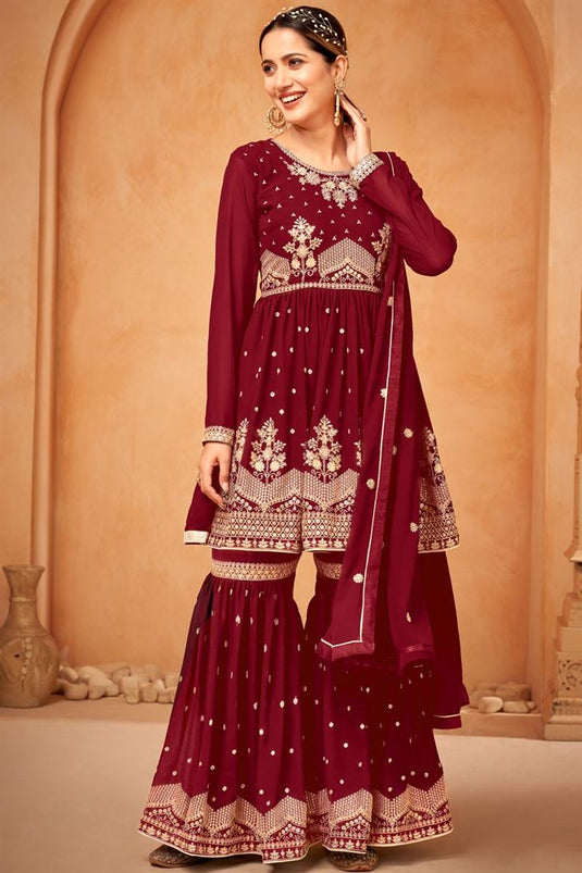 Maroon Color Aristocratic Georgette Fabric Sangeet Wear Sharara Suit