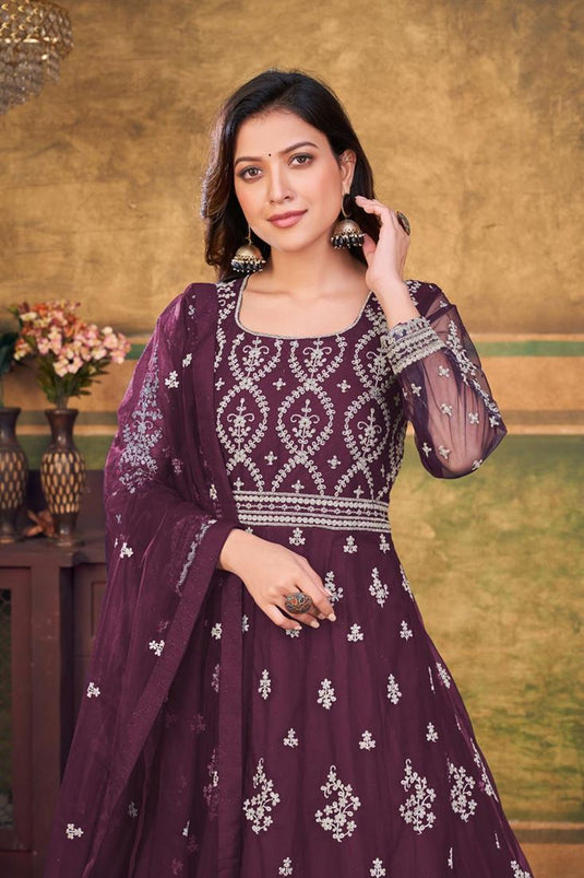 Beguiling Wine Color Net Fabric Function Look Anarkali Suit