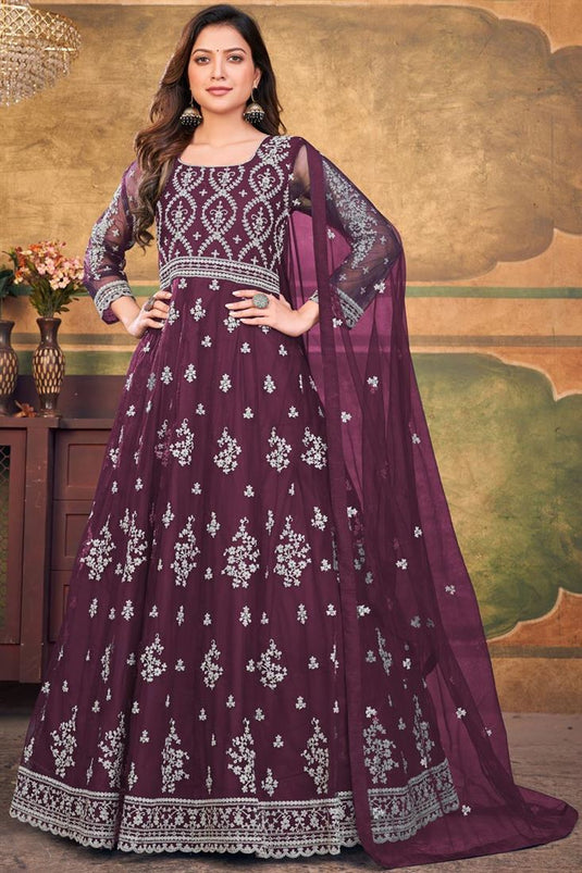 Beguiling Wine Color Net Fabric Function Look Anarkali Suit