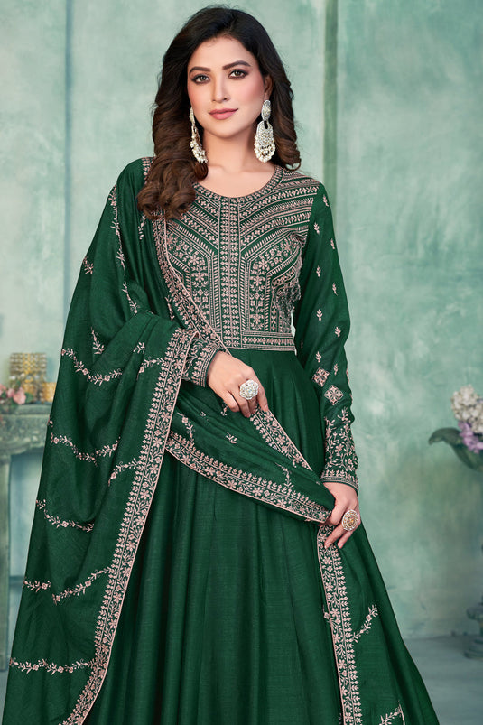 Green Color Festive Wear Embroidered Long Anarkali Salwar Kameez In Art Silk Fabric
