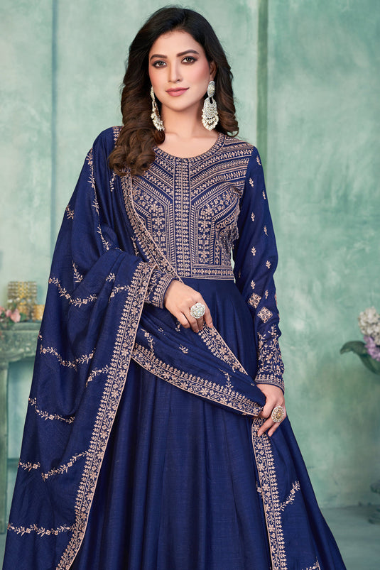Party Wear Navy Blue Color Embroidered Long Anarkali Salwar Suit In Art Silk Fabric