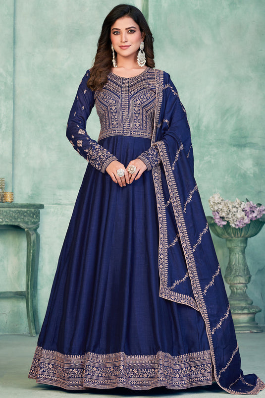 Party Wear Navy Blue Color Embroidered Long Anarkali Salwar Suit In Art Silk Fabric