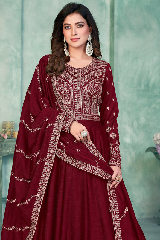 Embroidered Sangeet Wear Long Anarkali Salwar Kameez In Art Silk Fabric Maroon Color