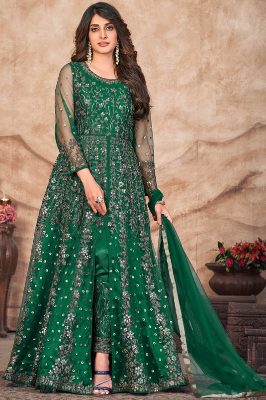 Net Fabric Fancy Embroidered Function Wear Anarkali Salwar Suit In Dark Green Color