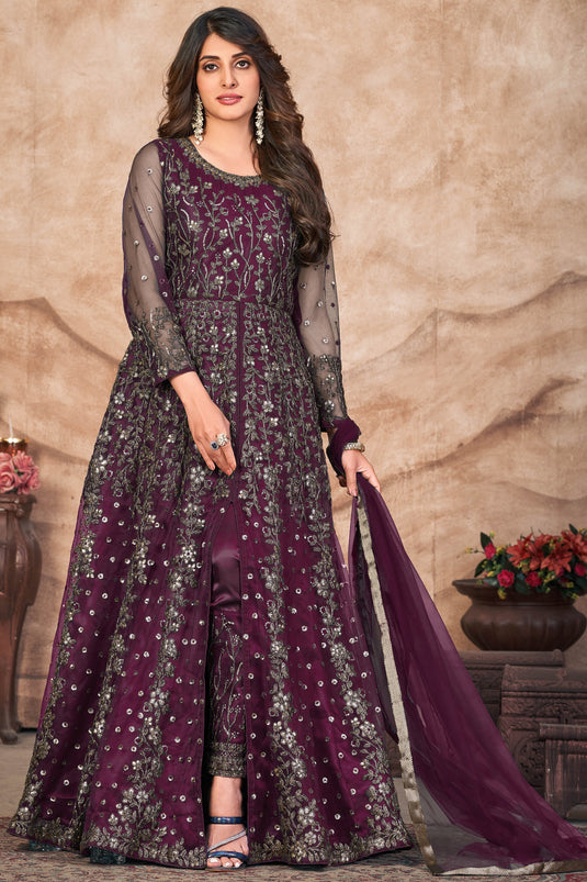 Purple Color Festive Wear Embroidered Anarkali Salwar Kameez In Net Fabric