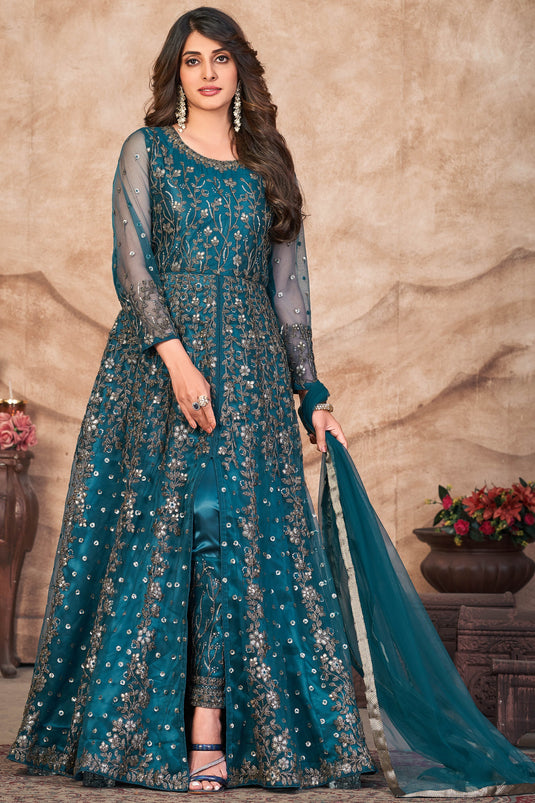 Party Wear Cyan Color Embroidered Anarkali Salwar Suit In Net Fabric