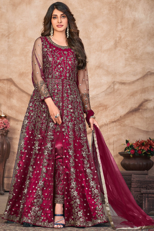 Embroidered Sangeet Wear Anarkali Salwar Kameez In Net Fabric Maroon Color