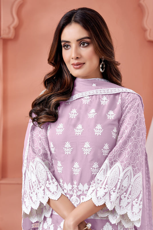 Organza Fabric Fancy Embroidered Function Wear Salwar Suit In Lavender Color