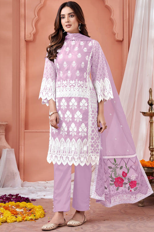 Organza Fabric Fancy Embroidered Function Wear Salwar Suit In Lavender Color