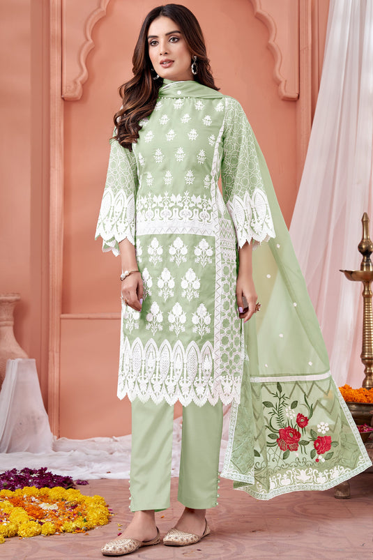 Function Wear Sea Green Color Embroidered Salwar Suit In Organza Fabric