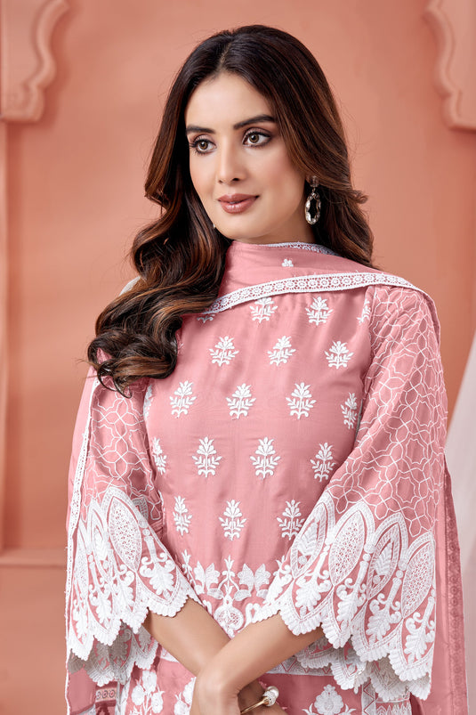 Embroidered Festive Wear Salwar Kameez In Organza Fabric Pink Color