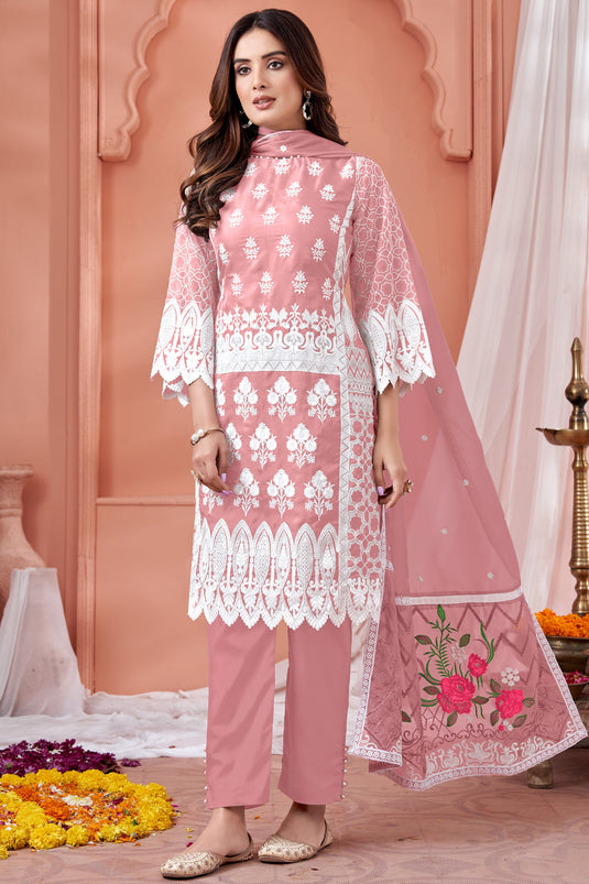 Embroidered Festive Wear Salwar Kameez In Organza Fabric Pink Color