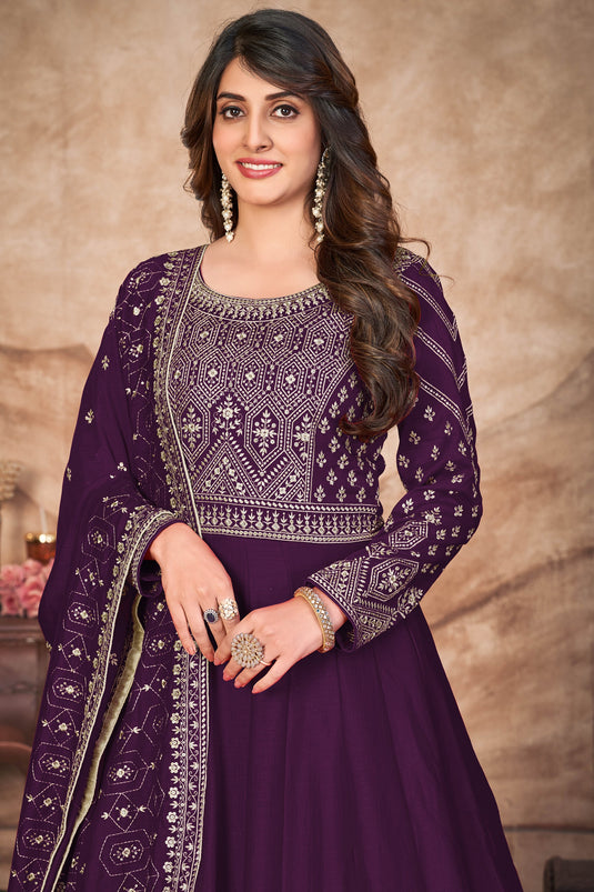 Festive Wear Purple Color Embroidered Anarkali Salwar Suit In Art Silk Fabric