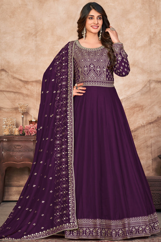 Festive Wear Purple Color Embroidered Anarkali Salwar Suit In Art Silk Fabric