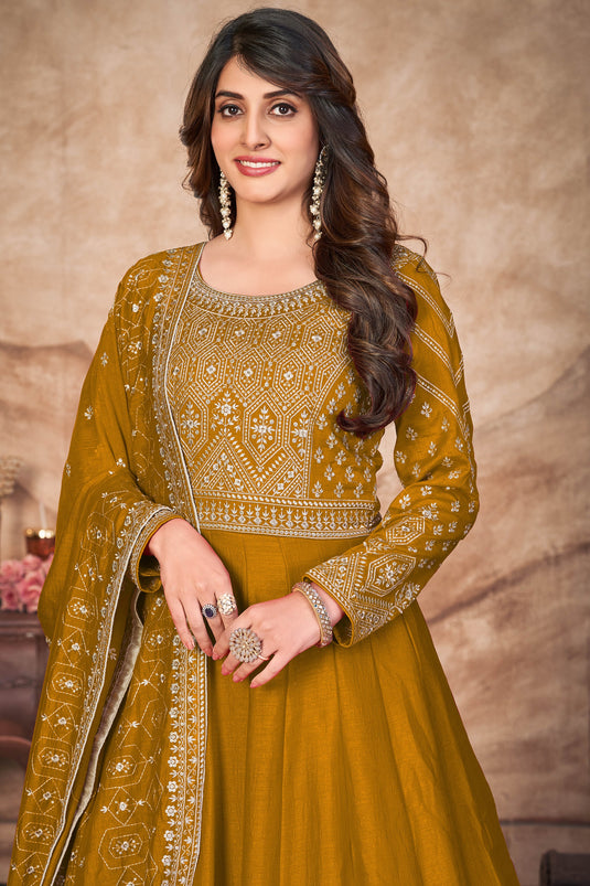 Embroidered Function Wear Anarkali Salwar Kameez In Art Silk Fabric Mustard Color