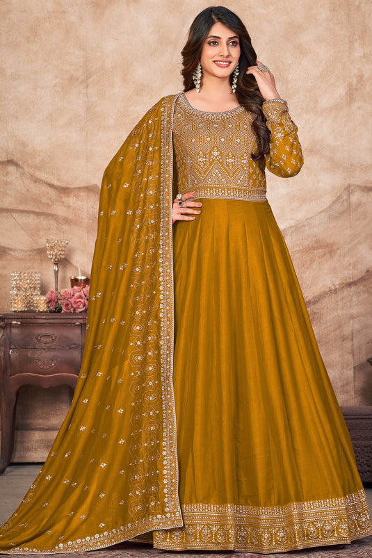 Embroidered Function Wear Anarkali Salwar Kameez In Art Silk Fabric Mustard Color