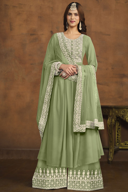 Tempting Georgette Green Color Festive Wear Palazzo Suit