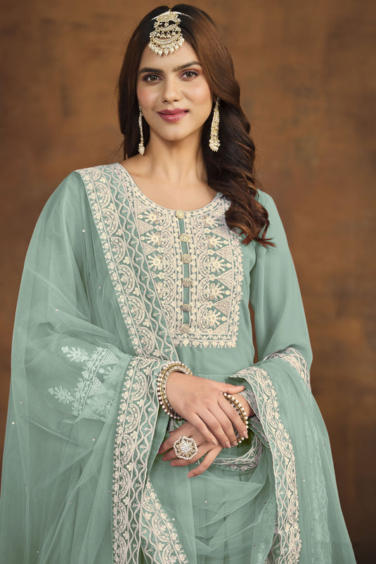 Engaging Cyan Color Georgette Festive Wear Palazzo Suit