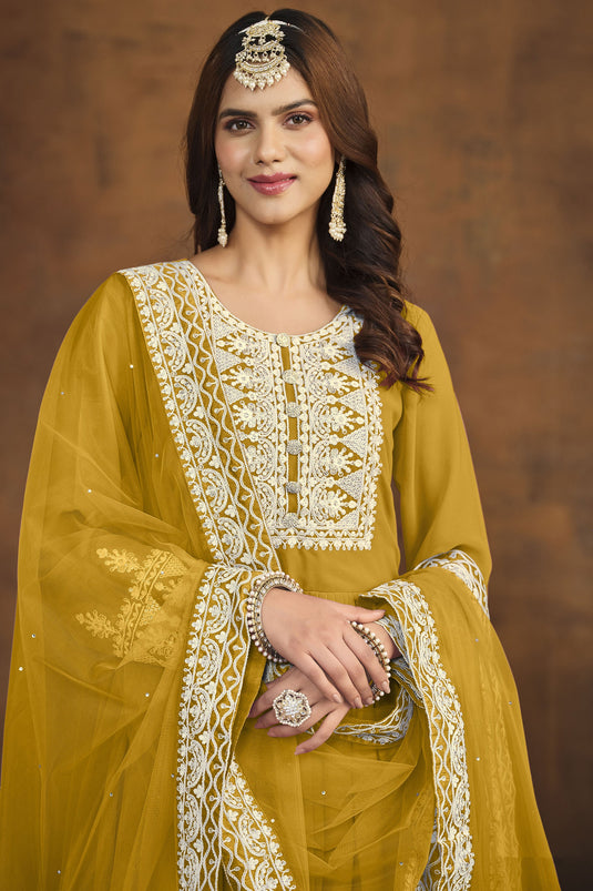 Georgette Fabric Yellow Color Festive Wear Winsome Palazzo Suit