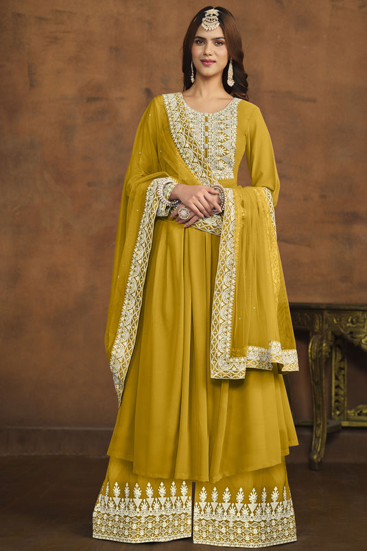 Georgette Fabric Yellow Color Festive Wear Winsome Palazzo Suit