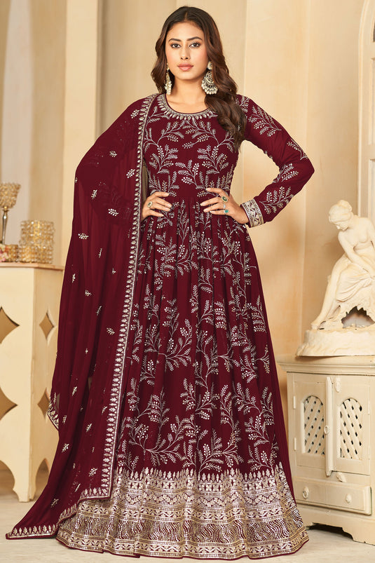 Maroon Color Glittering Georgette Fabric Embroidered Anarkali Suit