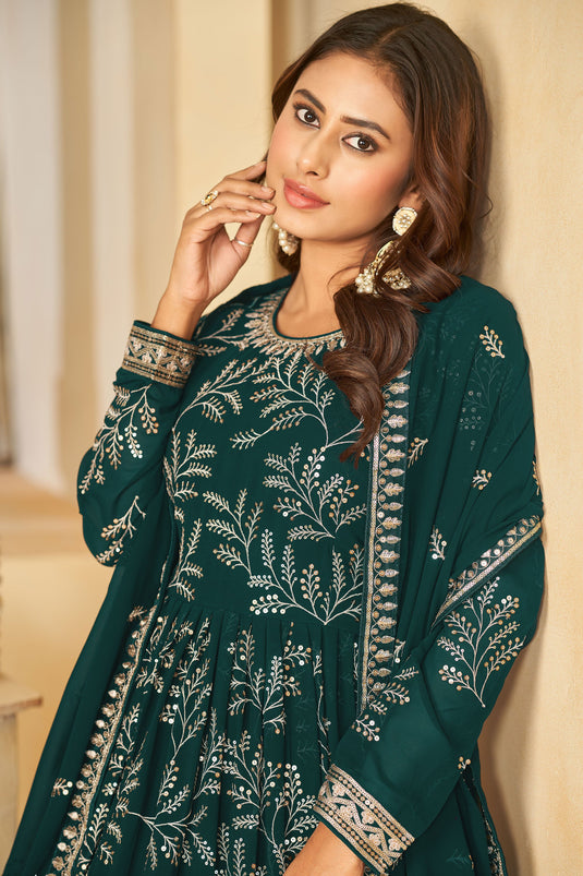 Fascinating Dark Green Color Georgette Fabric Embroidered Anarkali Suit