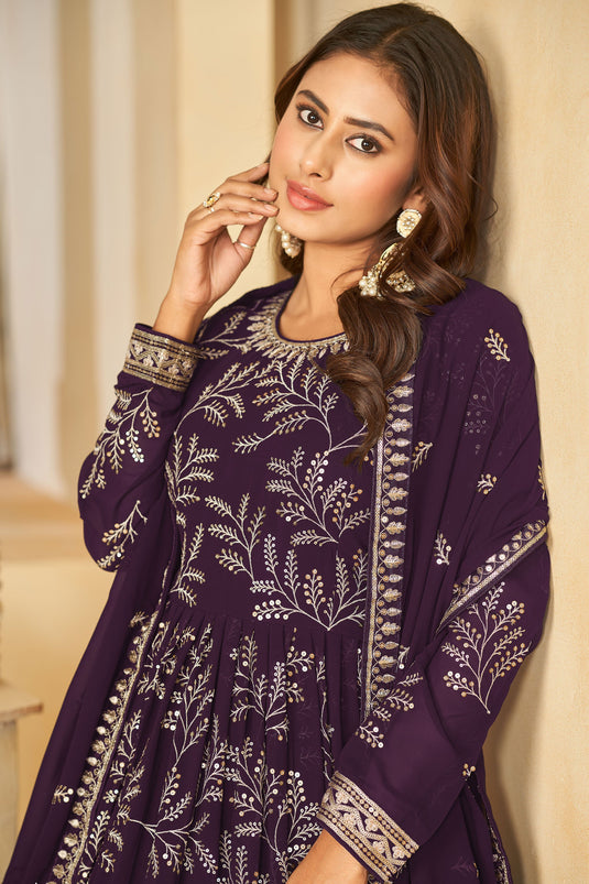 Dazzling Georgette Fabric Purple Color Embroidered Anarkali Suit
