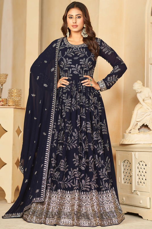 Radiant Navy Blue Color Georgette Fabric Embroidered Anarkali Suit