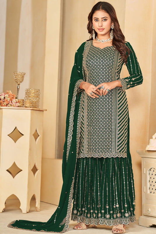 Dark Green Color Georgette Fabric Alluring Sangeet Function Palazzo Suit