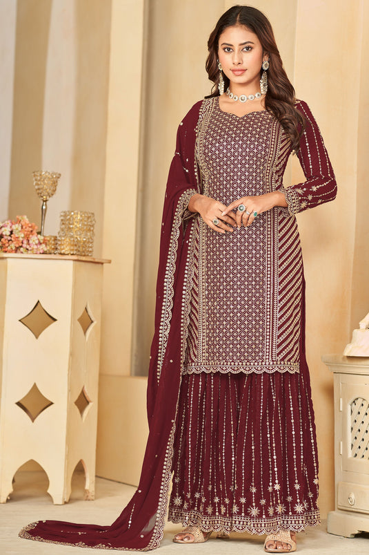 Eid Palazzo Suit in Burgundy Georgette with Embroidered - PZ2754