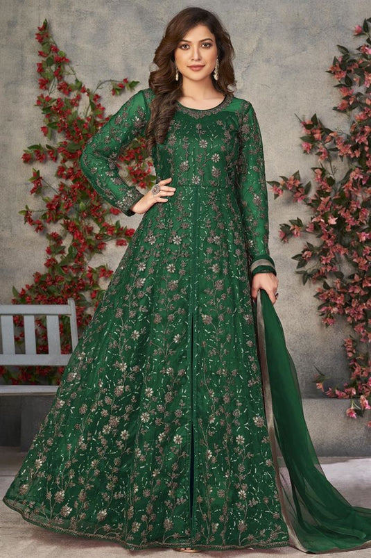 Function Wear Net Fabric Dark Green Color Mesmerizing Anarkali Suit