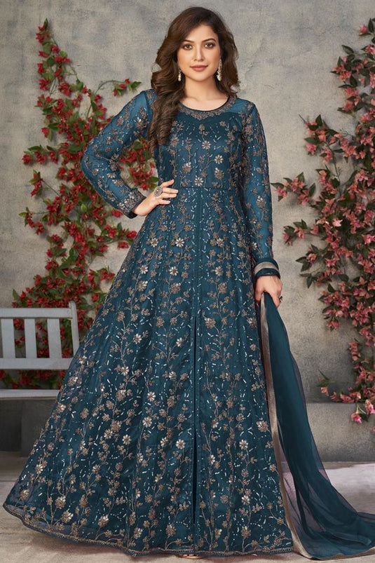 Net Fabric Function Wear Splendid Anarkali Suit In Teal Color